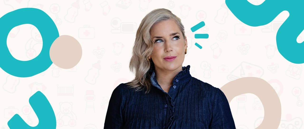 Anna Whitehouse wearing dark denim shirt, with a background featuring baby-essential themed illustrations