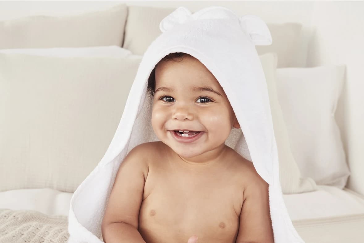 A little boy in Hydrocotton Hooded towel with ears