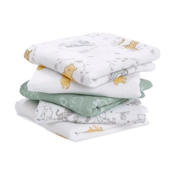 Image showing the Essentials Pack of 5 Cotton Muslin Squares, 60 x 60cm, Winnie & Friends product.