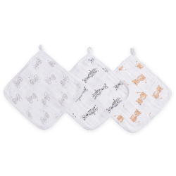 Image showing the Essentials Pack of 3 Cotton Muslin Washcloths, 30 x 30cm, Safari Babes product.