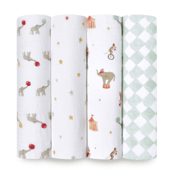 Image showing the Essentials Pack of 4 Cotton Muslin Swaddles, 112 x 112cm, Elephant Circus product.