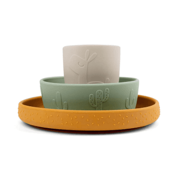Image showing the Lalee Stick & Stay Dinner Set, Green/Mustard/Sand product.