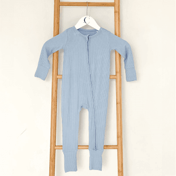 Image showing the Blue Ribbed Bamboo Zip Sleepsuit Romper One Piece, Newborn, Blue product.