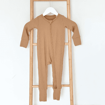 Image showing the Brown Ribbed Bamboo Zip Sleepsuit Romper One Piece, 3 - 6 Months, Brown product.
