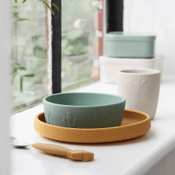 Image showing the Lalee Stick & Stay Dinner Set, Green/Mustard/Sand product.
