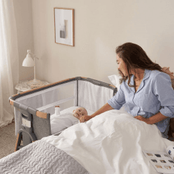 Image showing the CoZee XL Convertible Bedside Crib & Cot, Oak/Charcoal product.