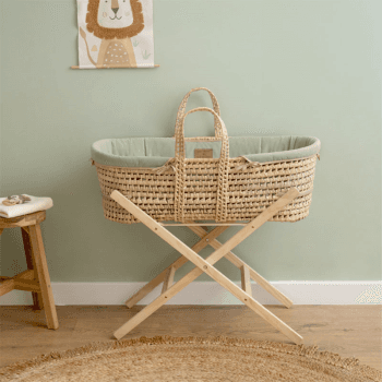 Image showing the Organic Palm Moses Basket & Folding Stand Bundle, Sage product.