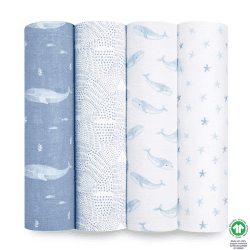 Image showing the Pack of 4 Large Cotton Muslin Swaddles, 120 x 120cm, Oceanic product.