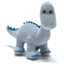 Image showing the Knitted Organic Cotton Blue Diplodocus Dinosaur Baby Rattle, Blue product.