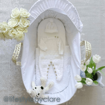Image showing the Broderie Anglaise Palm Moses Basket & Deluxe Natural Rocking Stand Bundle, White product.