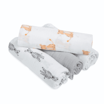 Image showing the Essentials Pack of 4 Cotton Muslin Swaddles, 112 x 112cm, Safari Babes product.