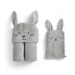 Image showing the Bunny Baby Towel & Bath Mitt Set, Grey product.