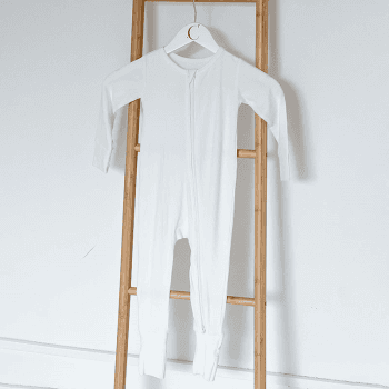 Image showing the Ecru Ribbed Bamboo Zip Sleepsuit Romper One Piece, 3 - 6 Months, White product.