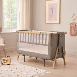 Image showing the CoZee XL Convertible Bedside Crib & Cot, Oak/Charcoal product.