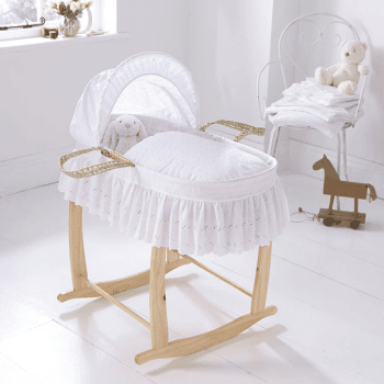 Image showing the Broderie Anglaise Palm Moses Basket & Deluxe Natural Rocking Stand Bundle, White product.