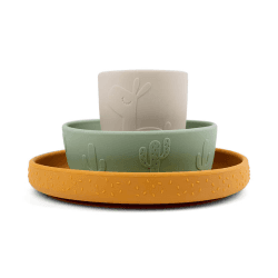 Image showing the Lalee Stick & Stay Dinner Set, Green/Mustard/Sand product.