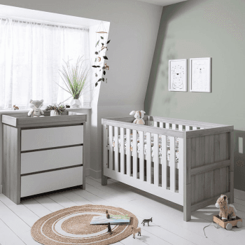 Image showing the Modena 2 Piece Cot Bed Nursery Furniture Set, Grey Ash/White product.