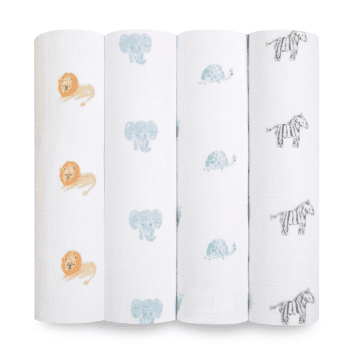 Image showing the Boutique Pack of 4 Large Organic Cotton Muslin Swaddles, 120 x 120cm, Animal Kingdom product.